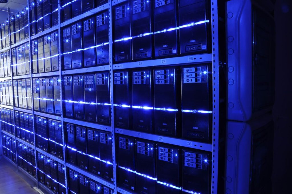 Rows of illuminated storage servers in a data centre