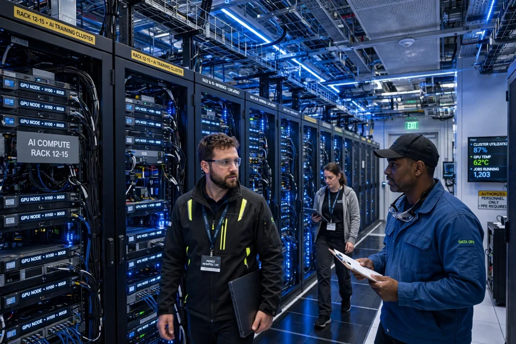 Inside a modern AI data center with rows of server racks